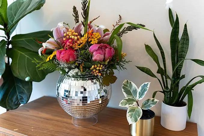 Hanging Disco Ball Planter 8" - with Acrylic Stand and Macrame Plant Hanger - Home Décor, Room Décor, Mirror Disco Planter, Disco Decor (10" with Base) by GreenHaven Gardens
