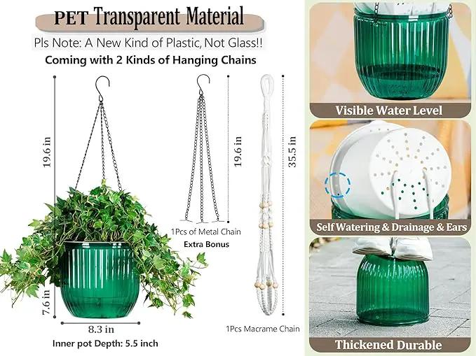 Melphoe Self Watering Hanging Planters for Indoor Plants, 1 Pack 8.3 Inch Outdoor Hanging Plant Pot Basket, 2 Kinds of Hangers Macrame 35.5’’ & Metal Chain 19.6’’ for Garden Home Decor by GreenHaven Gardens