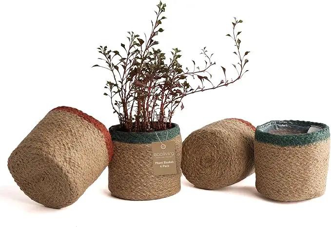 Jute Planter Basket-Woven Jute Rope Covers for Decorating Indoor/Outdoor Succulents, Small Plant Pots-Set of 4-Multi-Purpose Storage Bins 4.5 in - Modern Style Décor - Red, Green & Natural by GreenHaven Gardens
