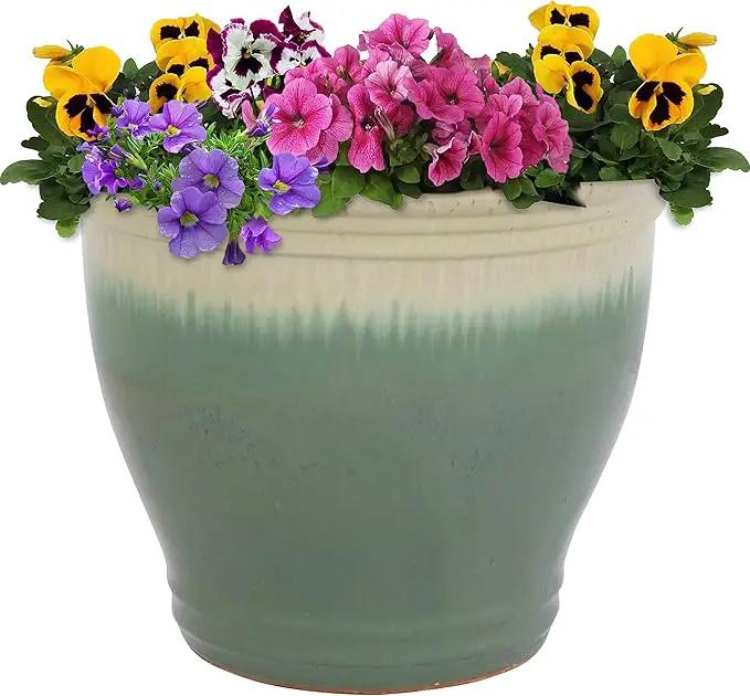 Sunnydaze Studio Large Ceramic Plant Pot - Round Outdoor Glazed Ceramic Planter Pot with Drainage - Seafoam - 14.5" by GreenHaven Gardens