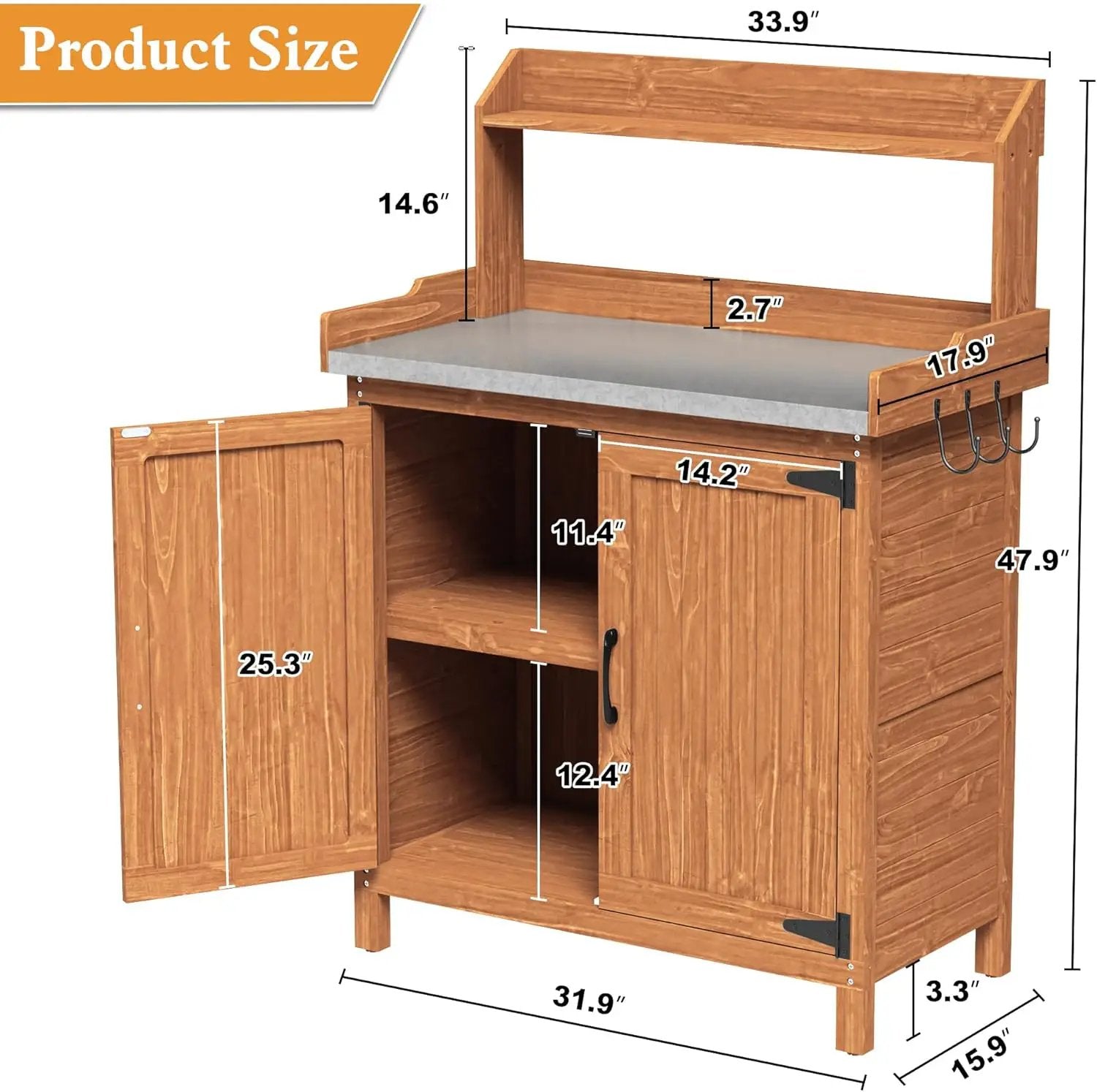 Outdoor Potting Bench with Storage, Wooden Garden Potting Table with Metal Tabletop and Removable Shelf, Potting Work Bench Station for Garden, Patio, Backyard by GreenHaven Gardens