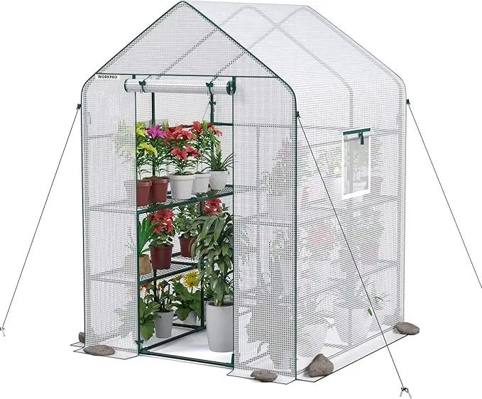 WORKPRO Greenhouse, 56” x 56” x 77” Heavy Duty Walk in Greenhouses for Outdoors with Screen Windows, Thicken PE Cover, 3 Tier 8 Shelves Portable Green House Kit for Patio, Backyard and Porch by GreenHaven Gardens