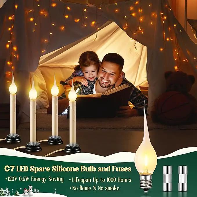Enhon 4 Pack Rustic Country Candle Lights with Replacement Silicone Bulb, C7 0.6W Electric LED Christmas Window Candles Plug in, UL Certification Warm White Candlestick Lamp, 5 FT Cord, On/Off Switch by GreenHaven Gardens