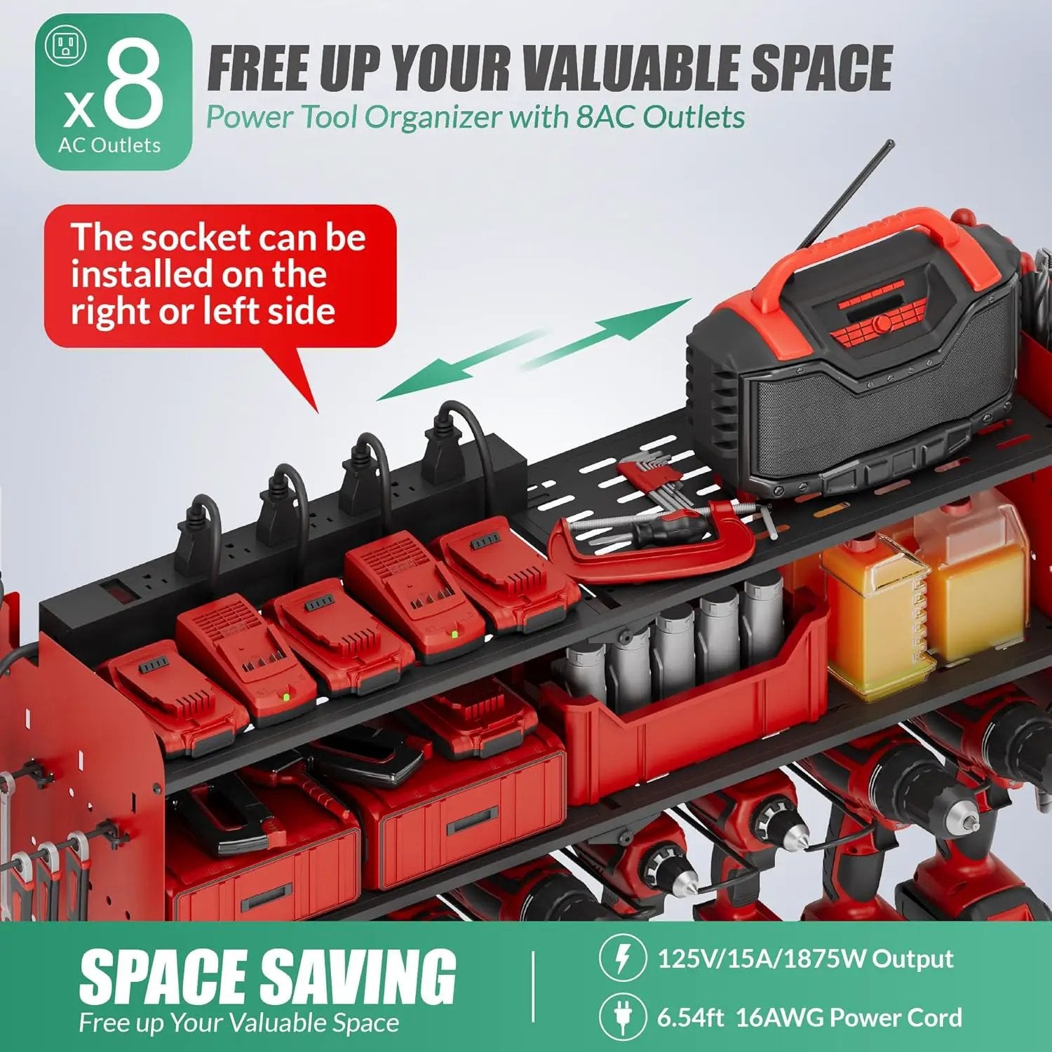 Suchtale Power Tool Organizer with Charging Station,33.2" Garage 8 Drill Holders Wall Mount,3 Layers Heavy Duty Metal Tool Shelf Built in 8 Outlets Power Strip, Gift for Men, Father, Red by GreenHaven Gardens