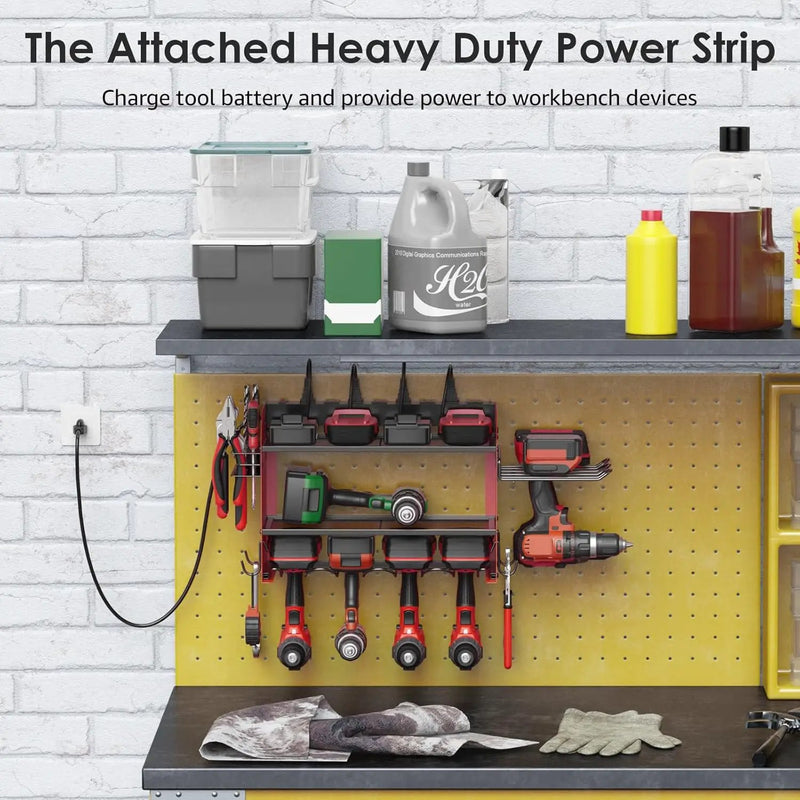 CCCEI Modular Power Tool Organizer Wall Mount Charging Station, Red 6 Drills Holder with 8 Plug Power Strip 10FT, Garage Drill Battery Heavy Duty Metal Shelf, Utility Rack with Hooks, Side Storage. by GreenHaven Gardens
