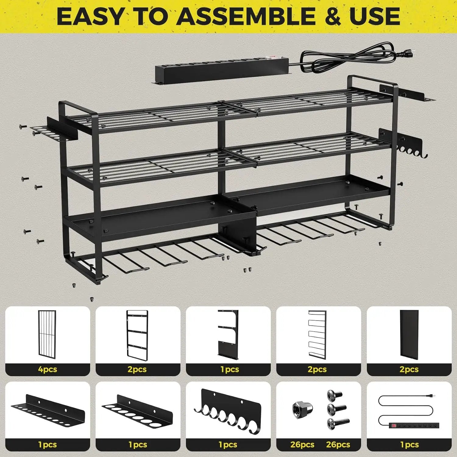 ‌Heavy Duty 4-Layer Power Tool Organizer Wall Mount with 8 Outlet Power Strip- Holds 8 Cordless Drills, 400lbs Capacity Metal Garage Storage Rack‌ by GreenHaven Gardens