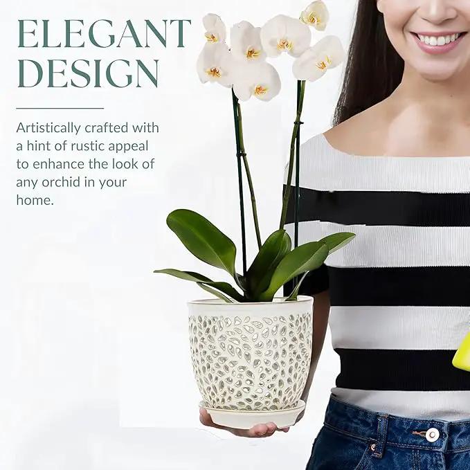 Elegant Orchid Pot with Holes, Large 6.5 inch Premium Porcelain Ceramic Orchid Pot for Repotting, Durable Ceramic Planter with Removable Saucer for Easy Drain, Planter Gifts for Moms by GreenHaven Gardens