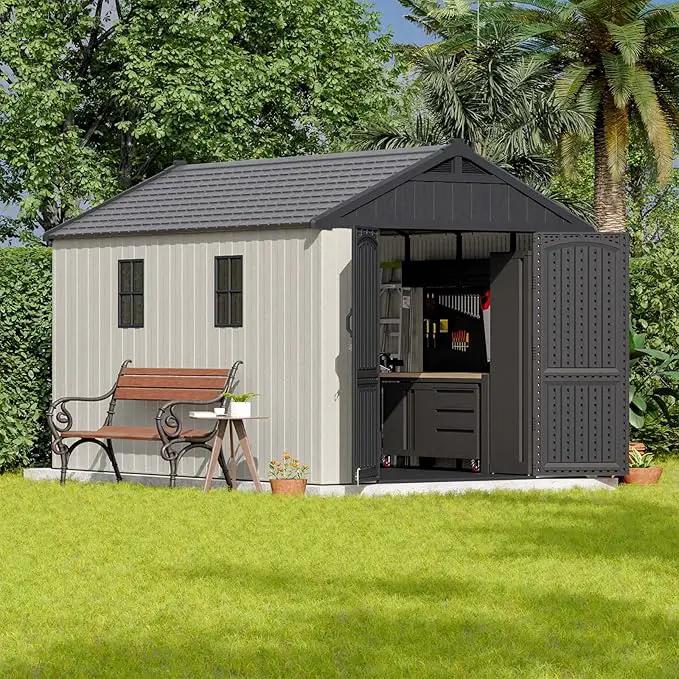 Patiowell 8 x 12 FT Plastic Outdoor Storage Shed with Floor, Resin Shed with Window and Lockable Door for Garden, Backyard, Tool Storage Use, Easy to Install in Beige (Kick-it Shed) by GreenHaven Gardens
