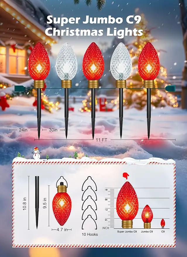 Brightown Strawberry Super Jumbo C9 Christmas Pathway Lights Outdoor - 11 Feet 5 LED Jumbo C9 Pathway Lights, Giant Christmas Lights Outdoor Decorations for Lawn Holiday Yard Outside, Red & White by GreenHaven Gardens