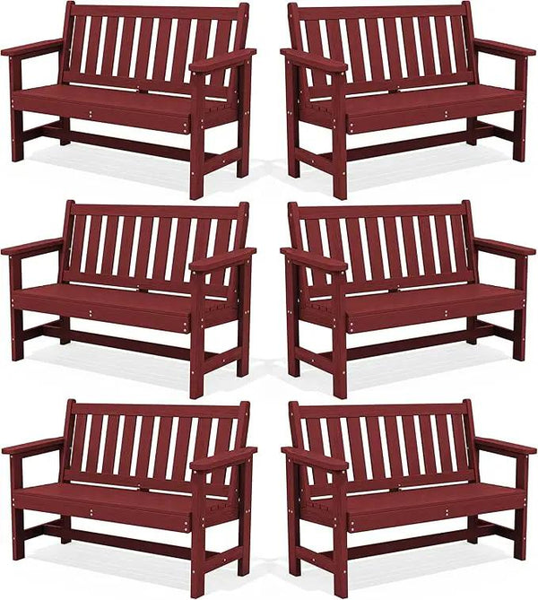 SERWALL Outdoor Bench, HDPE Outdoor Benches Weatherproof, 2-Person Garden Bench with 660 lbs Weight Capacity, Patio Benches for Outdoors, Garden, Porch, Backyard and Park, Red, 6 Pack