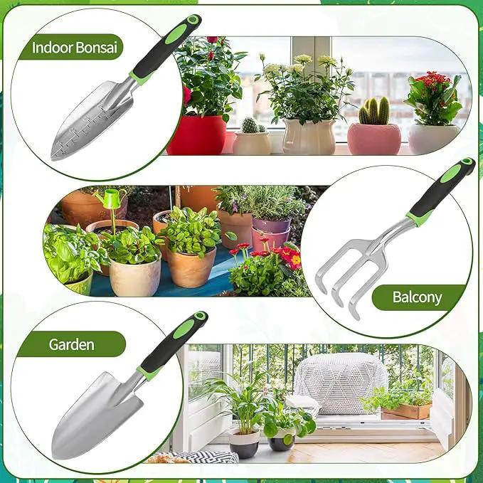Garden Tool Set, 11 Piece Stainless Steel Heavy Duty Gardening Supplies with Green Black Handle Outdoor Weeding Gifts for Women by GreenHaven Gardens