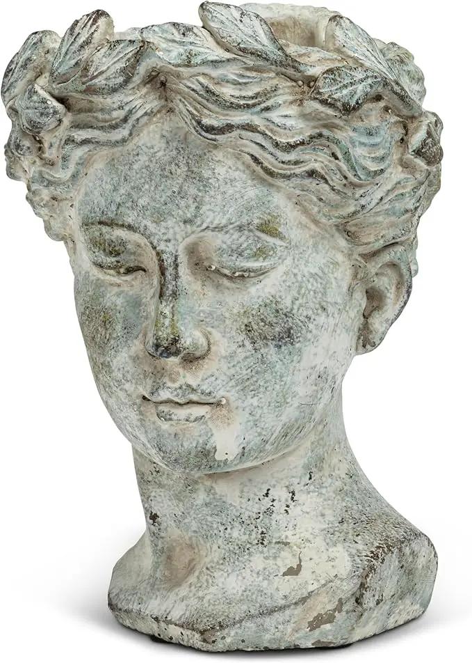 Abbott Collection Goddess Head Planter - Small Cement Indoor and Outdoor Planter Pot - Grecian Woman Statue Head Planter for Flowers and Succulents (Grey, 3.5" Opening) by GreenHaven Gardens