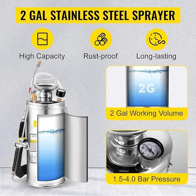Happybuy 2 Gallon Stainless Steel Sprayer, 20" Wand & 3FT Reinforced Hose, Hand Pump Sprayer with Pressure Gauge, Safety Valve & Adjustable Nozzle, Weed Sprayers for Lawn, Gardening &Sanitizing1 by GreenHaven Gardens