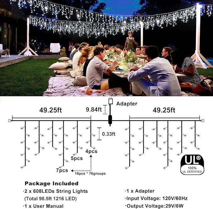 Icicle Christmas Lights, 98FT 1216 LED Icicle Lights for Outside with 228 Drops, 8 Modes Waterproof Twinkle String Lights for House Bedroom Wedding Holiday Decorations, White by GreenHaven Gardens