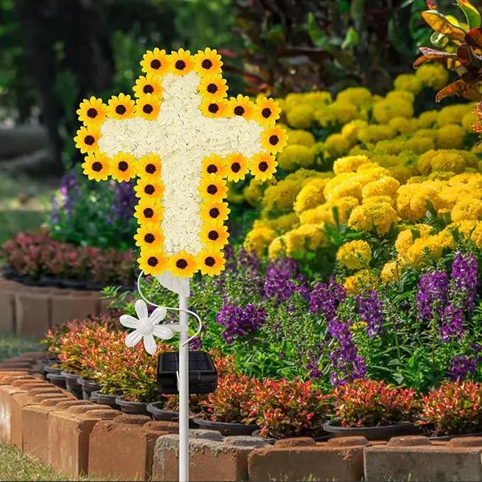 YJFWAL Solar Daisy Cross Garden Stake Lights, Yard Solar Lights Cemetery Decorations for Grave Outdoor Light Jesus Cross Sympathy Memorial Gifts for Grandmother, for Garden Yard Lawn Patio Pathway by GreenHaven Gardens