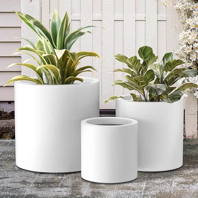 Kante RC0119ABC-C80011 Set of 3 Lightweight Concrete Modern Cylinder Outdoor Planters, 15.8, 12.9 and 9.8 Inch Diameter, Pure White by GreenHaven Gardens