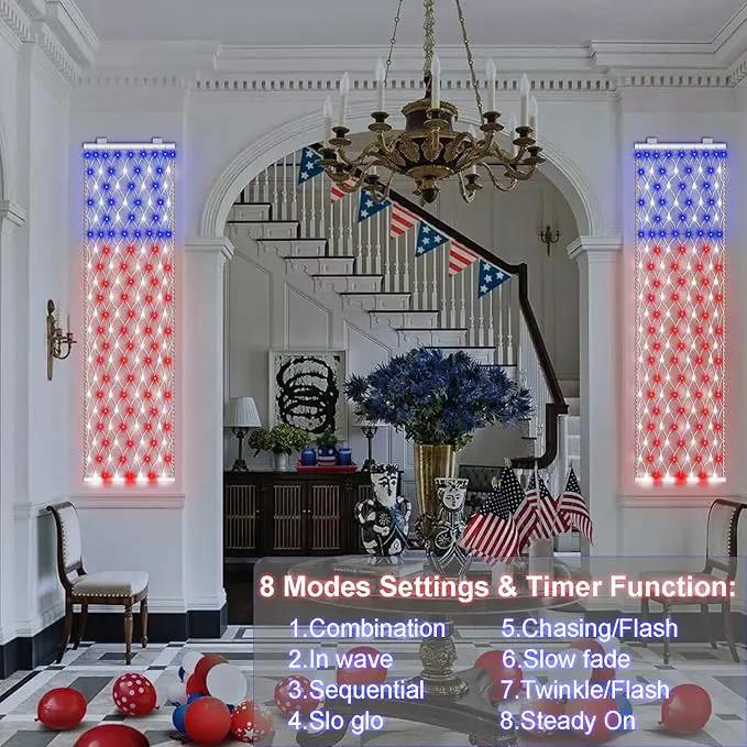 DBFAIRY 2 PCS American Flag Lights, 336 LED 4th of July USA Flag Lights Outdoor with Timer, 8 Modes Red White Blue Banners Lights for Independence Flag Day, Each 6.6Ft (L) x 1.2Ft (W) by GreenHaven Gardens