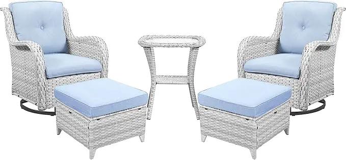 Outdoor Swivel Rocker Furniture 5 Pieces Patio Wicker Furniture Sets, Rattan Patio Swivel Glider Chairs with 2 Ottoman and Glass Side Table by GreenHaven Gardens