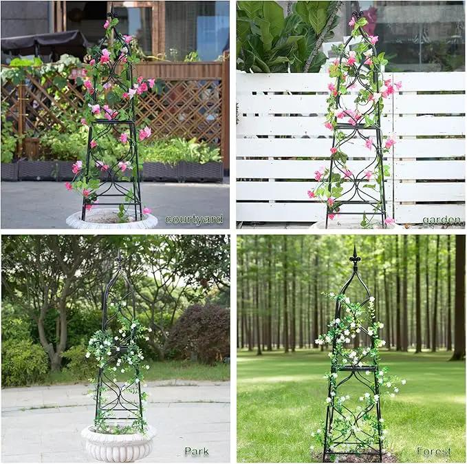 Obelisk Trellis for Garden - 38.3" x 10.03" Durable Metal Climbing Support for Roses, Vines & Flowers | Elegant Black Design with Decorative Top & Hollow Sides by GreenHaven Gardens