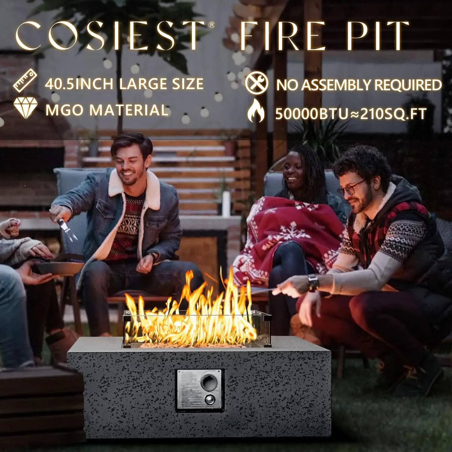 COSIEST Outdoor Propane Fire Pit Coffee Table w Square Faux Stone 35-inch Base, CSA Certified, 50,000 BTU Stainless Steel Burner, Free Lava Rocks and Rain Cover, Wind Guard, Tank Cover,Gray by GreenHaven Gardens