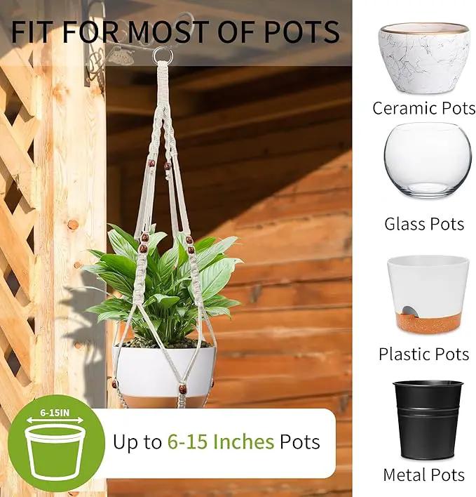 43 Inch Macrame Plant Hanger - Fits 6-15 Inch Pots, Extra Long Hanging Planter Holder for Indoor Outdoor, with Red Wood Beads, Boho Home Decor, 2 Pack, Ivory (POTS NOT Included) by GreenHaven Gardens