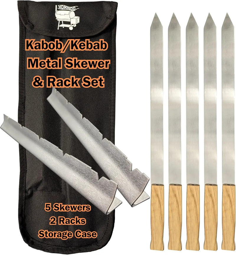 Stainless Steel Kebab Sword Grill Skewers, Holder Racks and Case Set - Great for Shish Kabob, BBQ, Kebobs, Churrasco, Picanha, Brazilian BBQ Sword Skewers, Roasting Sticks by GreenHaven Gardens
