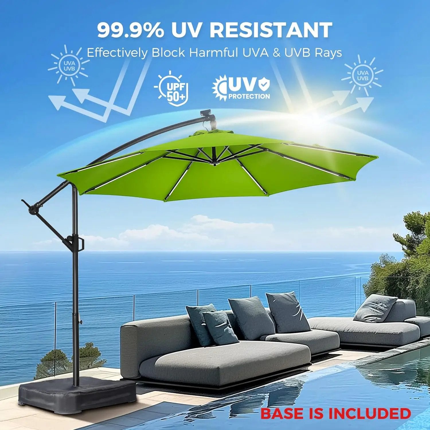 HOMSHADE 10ft Solar Lights Offset Cantilever Patio Umbrella - with Light and Base, LED Lighted Offset Hanging Patio Outdoor Market Umbrella UPF50+ UV Protection with Easy Tilt and Crank (Green) by GreenHaven Gardens