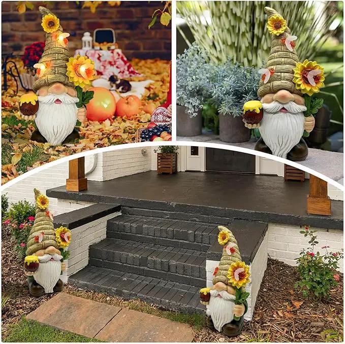 Uniboho Garden Gnome Statue Outdoor Garden Decor Large Resin Sunflower Gnome Holding Honey Jar with Solar Bee Lights for Garden Yard Decorations Patio Lawn Outside Porch Lawn Decor Gnomes Gifts 12" by GreenHaven Gardens