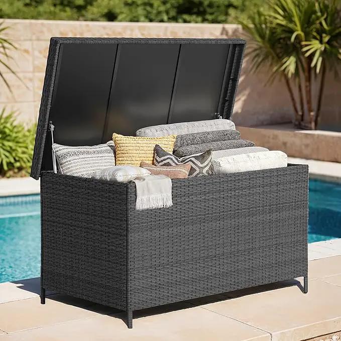 158 Gallon XL Deck Box with Lid, All Weather Wicker Outdoor Storage Box Waterproof, Large Outdoor Patio Storage Bin for Cushions, Garden Tools, Gears, Pool Accessories, Black by GreenHaven Gardens