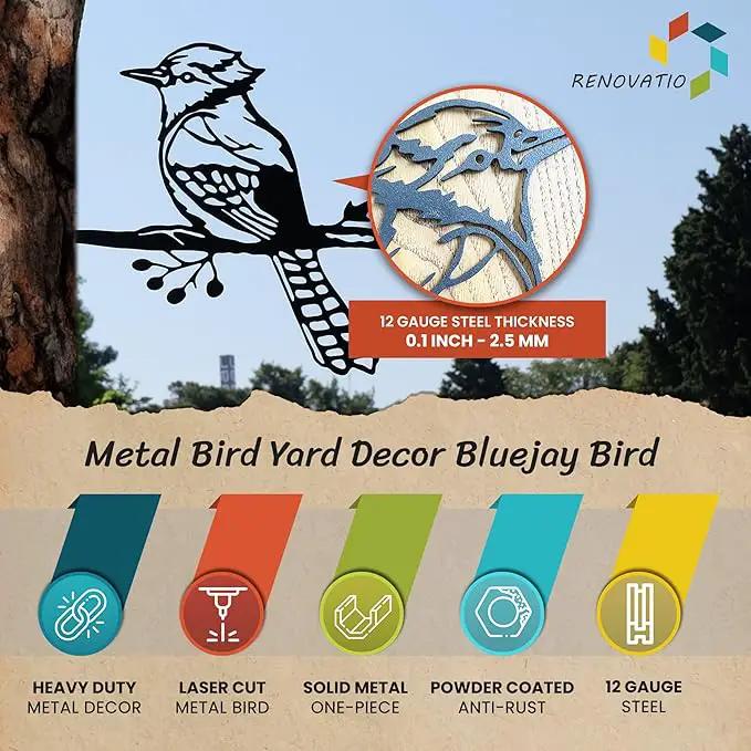 Renovatio Metal Bird Decor – Rustic Bluejay Decoration, Metal Garden Sculpture, Outdoor Tree Ornaments – A Unique Outdoor Yard Decor – Bluejay (Black) by GreenHaven Gardens