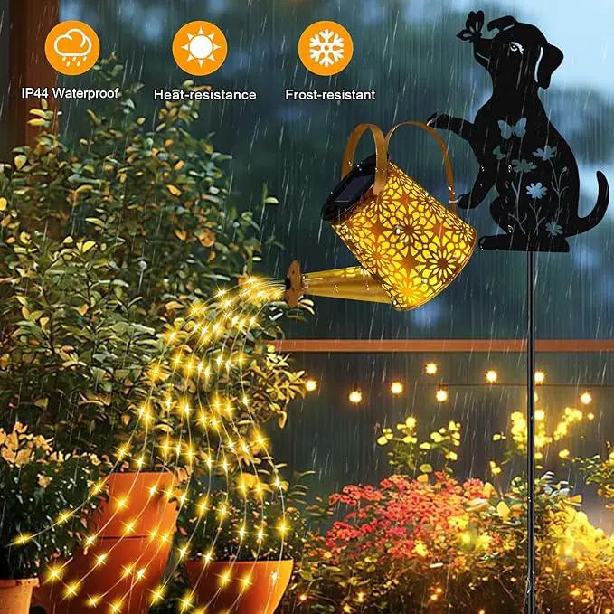 Solar Lights Outdoor Decorative, Watering Can with Cascading Lights, with Dog Silhouette Garden Stakes, Waterproof Metal Garden Decor for Yard Art, Outside, Patio, Lawn Ornaments by GreenHaven Gardens