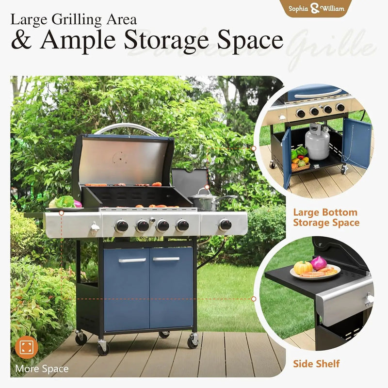 Sophia & William 4-Burner Gas BBQ Grill with Side Burner and Porcelain-Enameled Cast Iron Grates, 42,000BTU Propane Grills Outdoor Cooking Barbecue Cabinet Style, Blue by GreenHaven Gardens