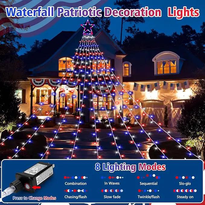 4th of July Decorations Lights, Red White Blue String Lights 320 LED 11.5 Ft Flag Stars Patriotic Light with Big Star Topper Waterproof 8 Light Modes for Indoor Outdoor Memorial Day Independence Day by GreenHaven Gardens