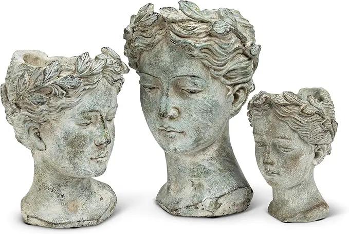 Abbott Collection Goddess Head Planter - Small Cement Indoor and Outdoor Planter Pot - Grecian Woman Statue Head Planter for Flowers and Succulents (Grey, 3.5" Opening) by GreenHaven Gardens