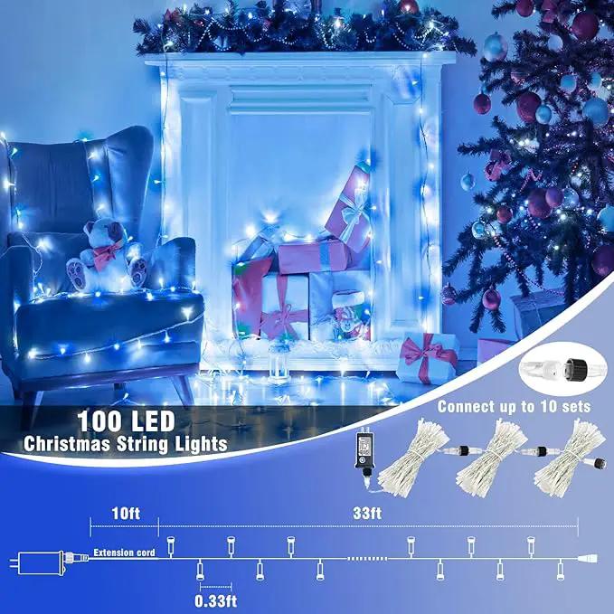 100 LED Christmas Lights Outdoor - 33ft Christmas String Lights 8 Modes Plug in Waterproof Twinkle Fairy Lights with Timer Memory for Indoor Outside Bedroom Home Party Decoration, Blue&White by GreenHaven Gardens