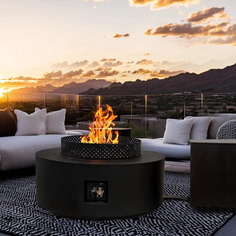 3-Piece Outdoor Fire Pit Table, 32 Inch Propane Fire Table 65,000 BTU Black Round Gas Firepit, Baking Sheet, Wind Guard and 16 inches Tank Side Table for Deck, Backyard and Pool, Black by GreenHaven Gardens