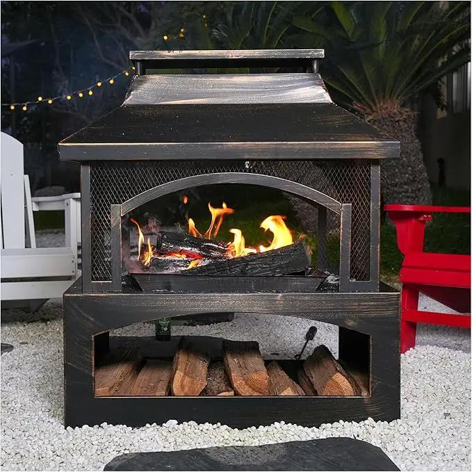 Red Mountain Valley 37in Outdoor Wood Burning Fireplace, Large Outdoor Fire Pit with Log Grate and Poker, Chimney Outside Fireplace with Firewood Racks Storage for Patio, Garden and Backyard by GreenHaven Gardens