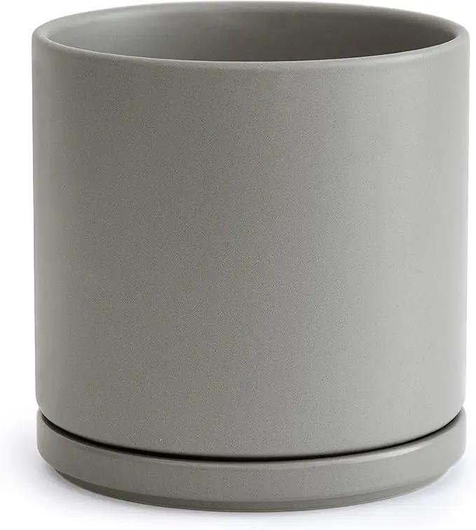 D'vine Dev 8 Inch Ceramic Planter Pot with Drainage Hole and Saucer, Indoor Cylinder Round Planter Pot, Grey, 94-O-D-3 by GreenHaven Gardens