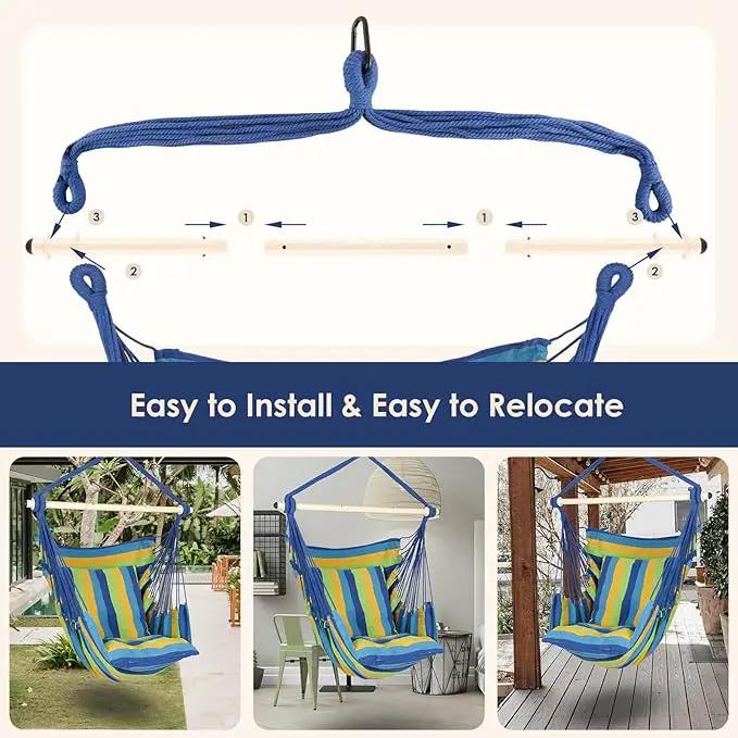Highwild Hammock Chair Hanging Rope Swing - Max 500 Lbs - 2 Cushions Included - Steel Spreader Bar with Anti-Slip Rings - for Any Indoor or Outdoor Spaces (Blue Striped) by GreenHaven Gardens
