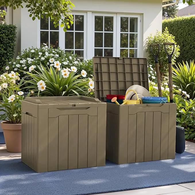 Greesum 31 Gallon Deck Box for Outside, All Weather Outdoor Storage Boxes for Patio Furniture Set, Package Delivery Box, Garden Tools, Light Coffee(Set of 2) by GreenHaven Gardens