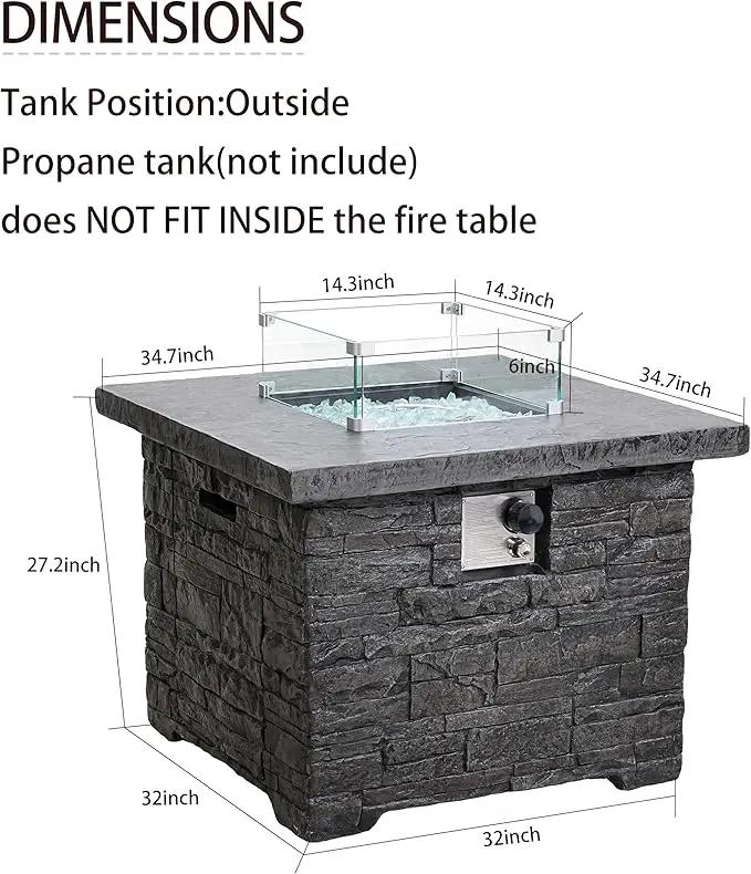 32" Outdoor Propane Fire Pit Table, Stone Fire Table Square Firepit w Glass Wind Guard(50,000 BTU), 2 Piece Slate Gas Fire Table in Deep Grey w Fire Glass, Rain Cover for Outside, Backyard by GreenHaven Gardens