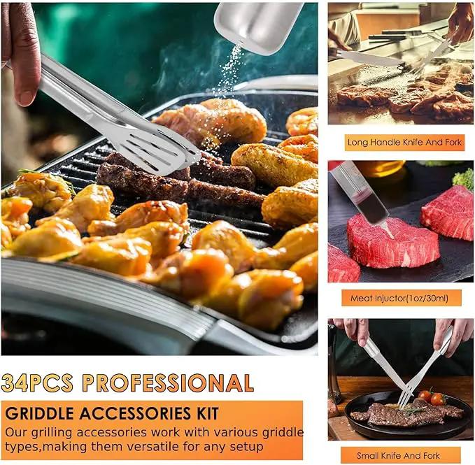 Yoehka BBQ Grilling Accessories Set, 34Pcs Heavy Duty Grill Tools for Outdoor Camping, Grilling Gifts for Men Dad, Stainless Steel Barbecue Utensils Kit with Mats and Glove in Carrying Bag, Silver by GreenHaven Gardens