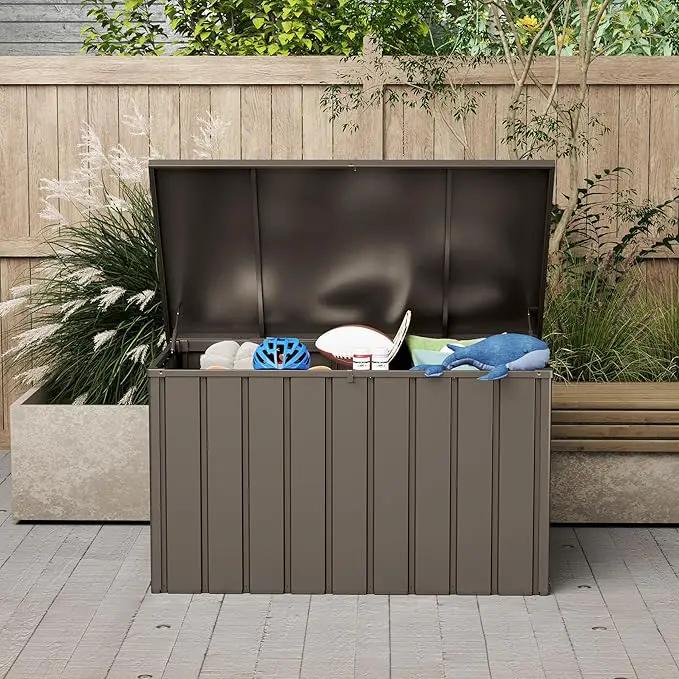 Domi Deck Box 160 Gallon, Waterproof Lockable Steel Outdoor Storage Container for Outside Cushions, Garden Tools and Pools Equipment, Brown by GreenHaven Gardens