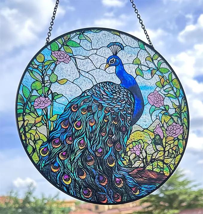 7.8'' Peacock Decor Suncatcher Stained Glass - Originally Designed Peacock Suncatchers for Sun Catchers Indoor Window | Gifts for Peacock Lovers Painted Glass Panel Decor Themed Gift by GreenHaven Gardens
