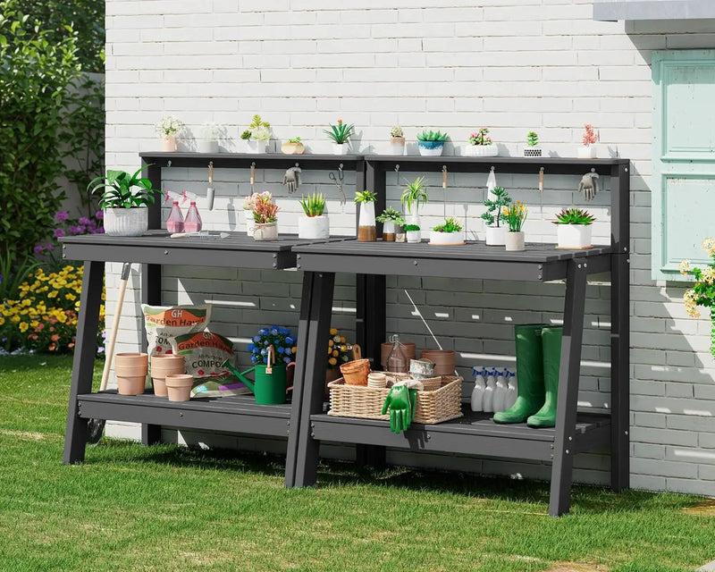 SERWALL Potting Bench Outdoor with Storage Set of 2, 3-Tier HDPE Gardening Table with Angled Legs & Tool Hooks, All-Weather Heavy Duty Potting Table for Patio, Backyard, Garden, Gray by GreenHaven Gardens