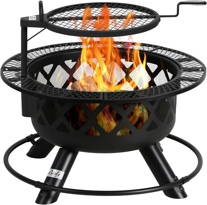 BALI OUTDOORS Fire Pit with Poker, 32 inch Outdoor Fire Pit Patio, Wood Burning Firepits for Outside with Grill by GreenHaven Gardens