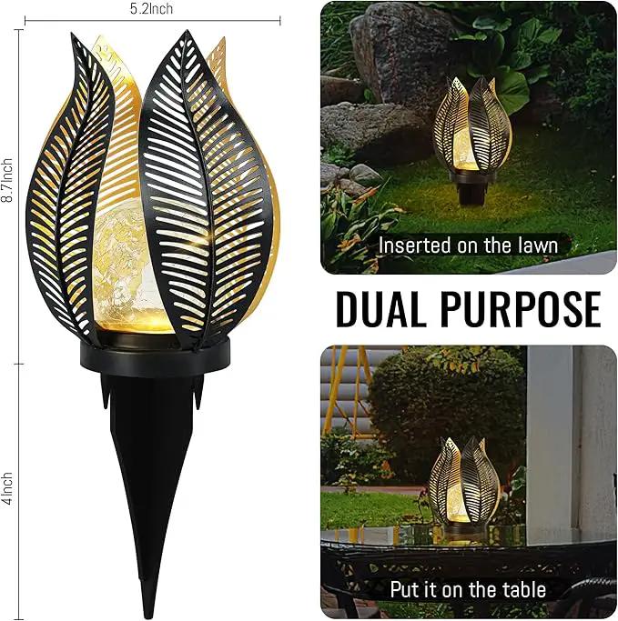 Solar Garden Lights Waterproof Decorations,Crackle Globe Glass,Metal Palm Leaf Solar Lights for Outdoor Decor On Garden,Patio,Yard,Front Porch,Tabletop Lamp-Perfect Gifts by GreenHaven Gardens