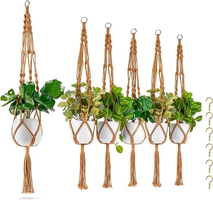 Sorbus Macrame Plant Hanger (6 Pack) Indoor Outdoor Hanging Plant Pots Cotton Rope, Elegant for Home, Patio, Garden (Brown) by GreenHaven Gardens