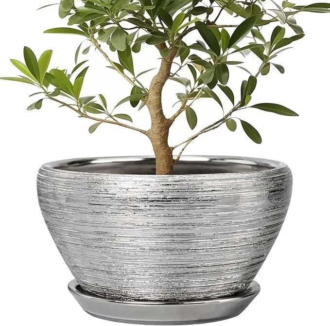 Flower Pot for Indoor Plants - Ceramic Planter 13 Inch Plant Pot with Drainage Hole and Saucer Large Decorative Planter Outdoor Mid-Century Planter for House Decor Silver by GreenHaven Gardens