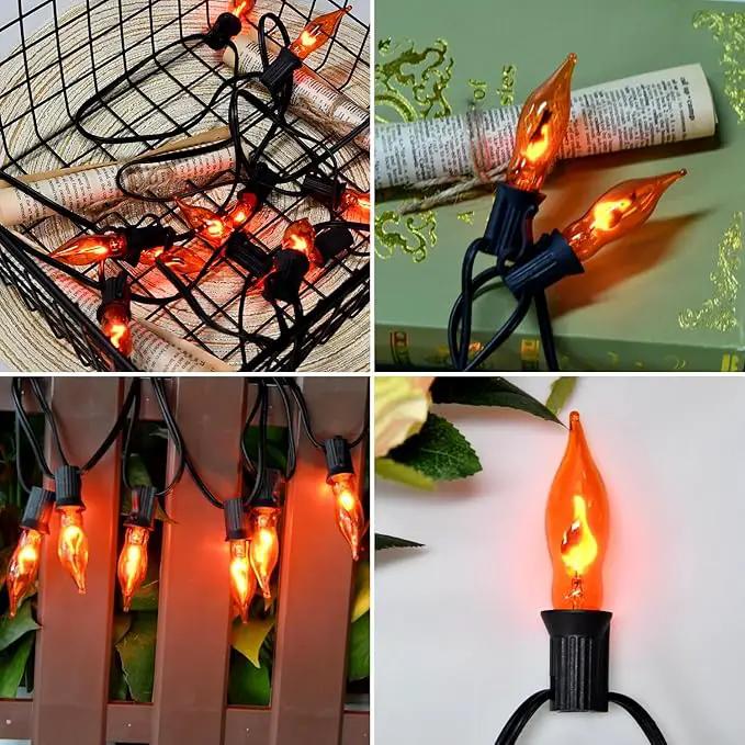 Flickering Flame String Lights Orange Halloween Lights with 10 Pack C7 Orange Flame Light Bulbs, 12.8Ft Orange Flame String Lights for Halloween Decorations for Home Party Yard by GreenHaven Gardens